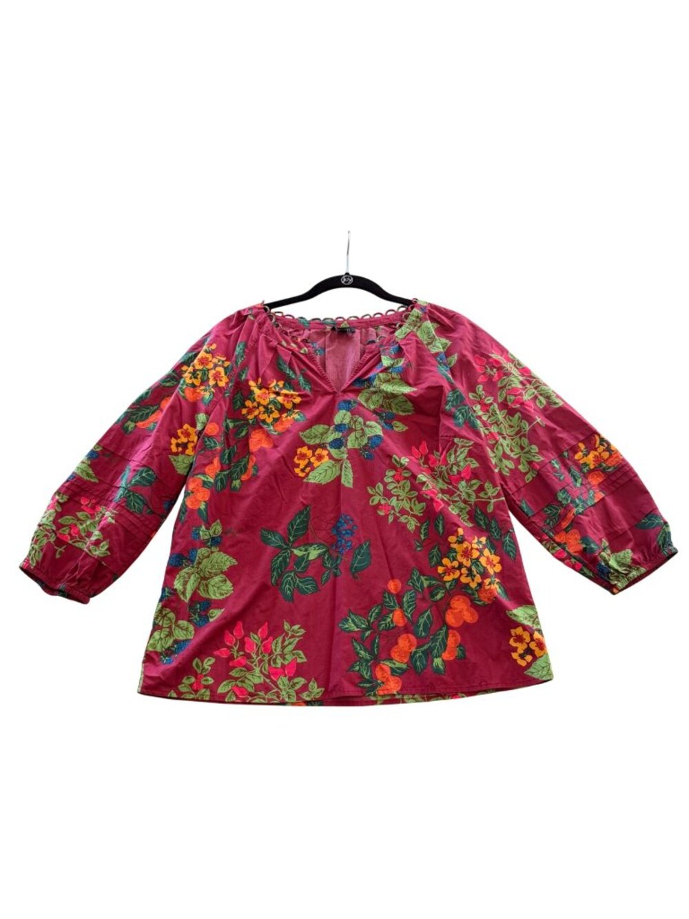 Talbots Pleated Sleeve Poplin Top M Womens Floral Fruits Leaves Blouse Red Boho